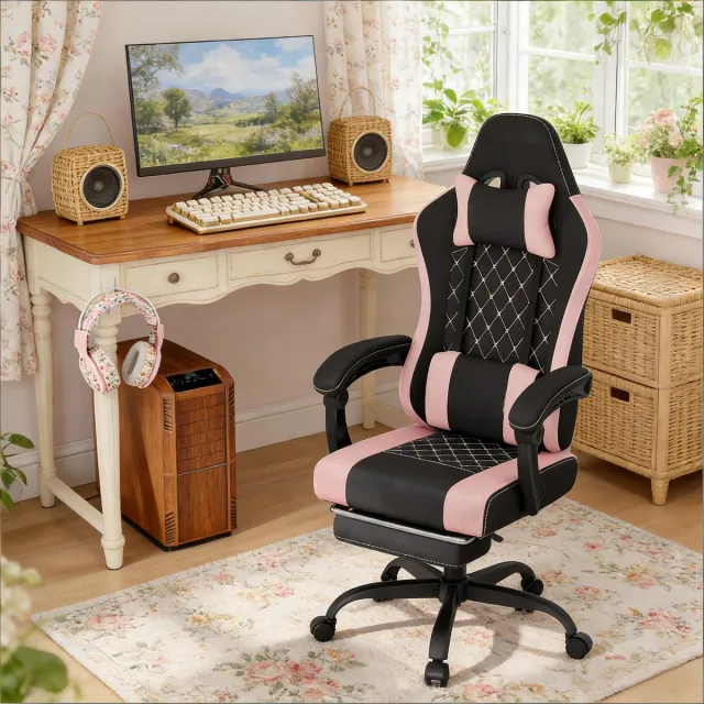FloraGrace Bureaustoel 70 x 70 x 127 cm - Ergonomisch Met Massagekussen En Voetsteun - Verstelbaar Voor Werk En Gamen - Metaal - Zwart Roze