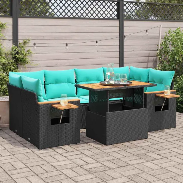 vidaXL 7-delige Loungeset met kussens poly rattan zwart, foto 2
