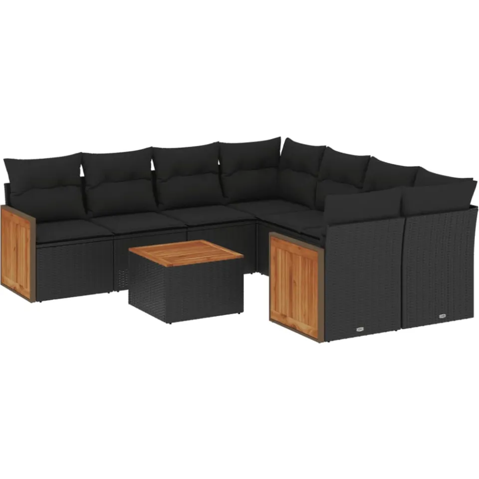 vidaXL 9-delige Loungeset met kussens poly rattan zwart, foto 3