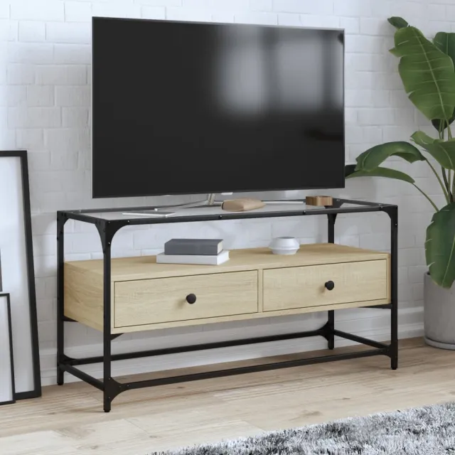 vidaXL Tv-meubel met glazen blad 98x35x51 cm bewerkt hout sonoma eiken Bruin