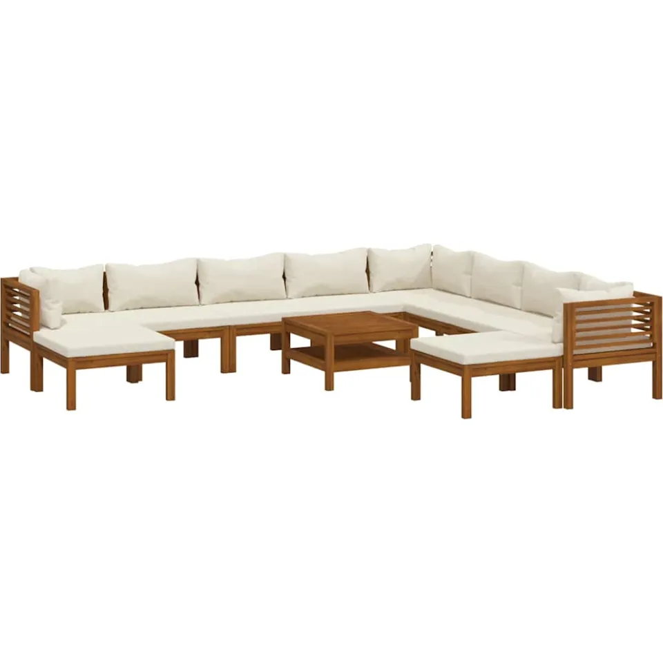 vidaXL 11-delige Loungeset met crèmekleurige kussens massief acaciahout