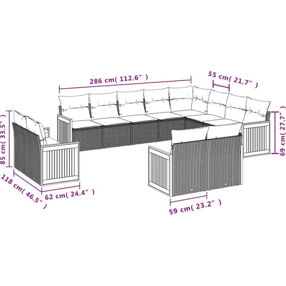 vidaXL 13-delige Loungeset met kussens poly rattan zwart, foto 3