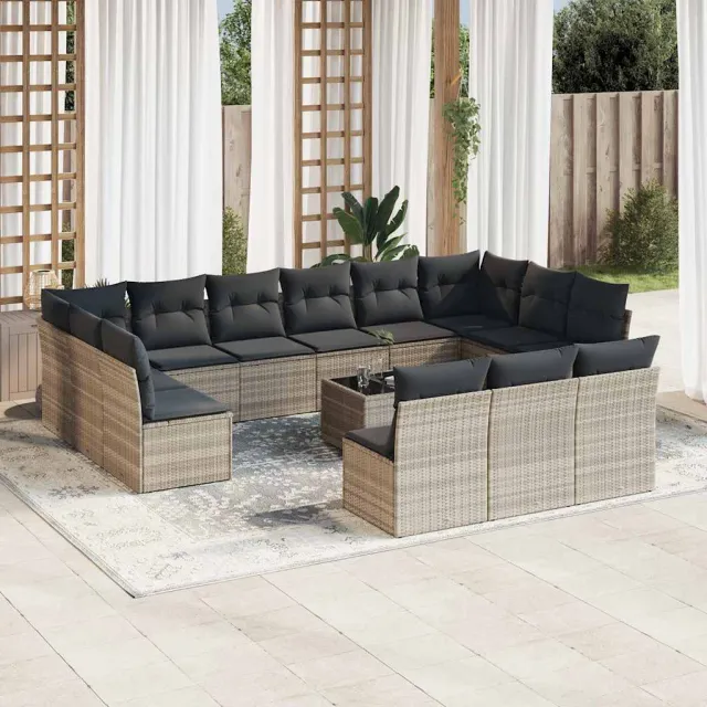 vidaXL 14-delige Loungeset met kussens poly rattan lichtgrijs grijs, foto 2