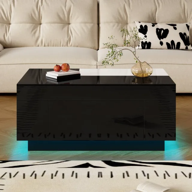 VVBV Salontafel met opbergruimte / Salontafel met lade – met Lades, LED-Verlichting – Hoogglans – MDF – Zwart – Afmetingen 80x50x35.5 cm – Woonkamertafel Black,White