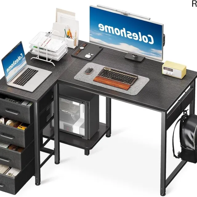 RFWR Hoekbureau 100 x 70 cm, L-vormig bureau met 4 laden en omkeerbaar ontwerp voor kantoor en slaapkamer Zwart