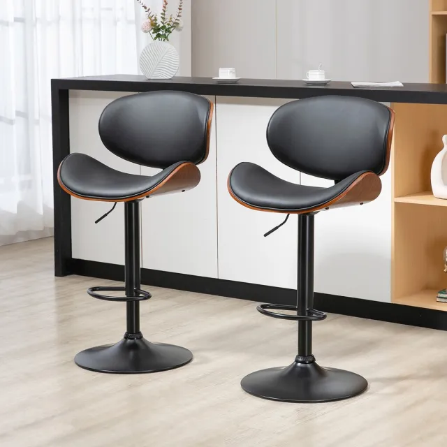 REDOM Barkruk - Set van 2 - In hoogte verstelbaar - Draaibaar - Met voetsteun en rugleuning - Kunstleer - Staal - Zwart - 53 x 52 x 92-112 cm