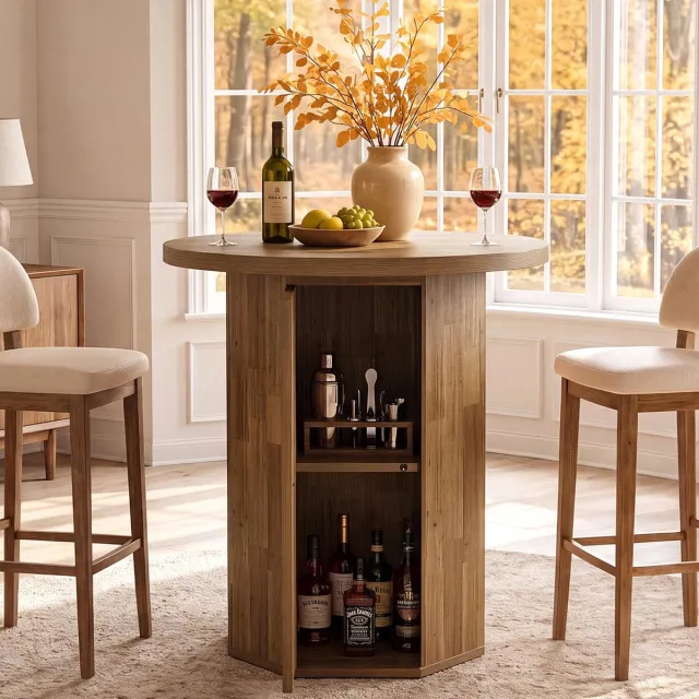 Little Trees LITTLE TREE Ronde Bistrotafel - Bartafel - Hout - Bruin - Modern - 80 cm - Inclusief opbergkast geschikt voor thuisbar en compacte woonruimtes