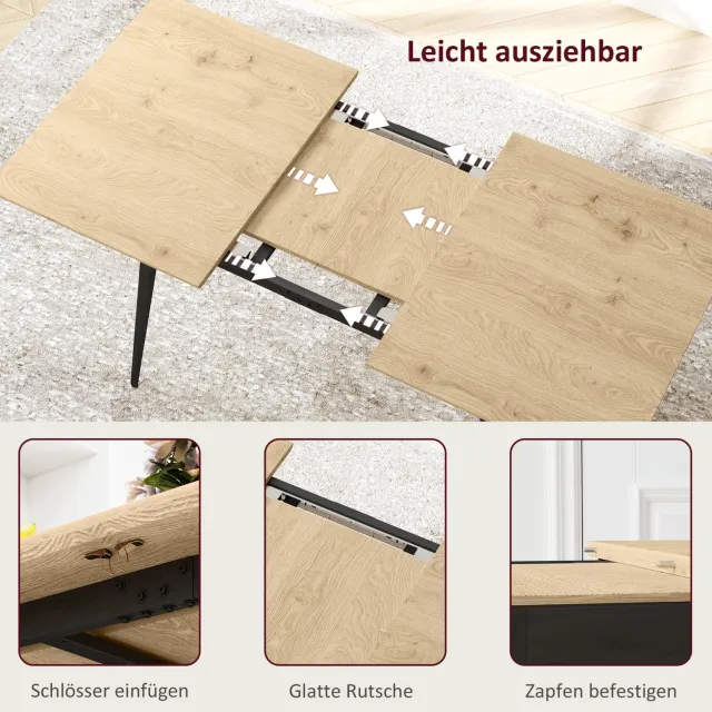DESMIU Uitschuifbare Eettafel - Voor 6 Tot 8 Personen - MDF Met Metalen Poten - 120/160 X 75 X 77 Cm - Natuurlijk Hout Naturel hout