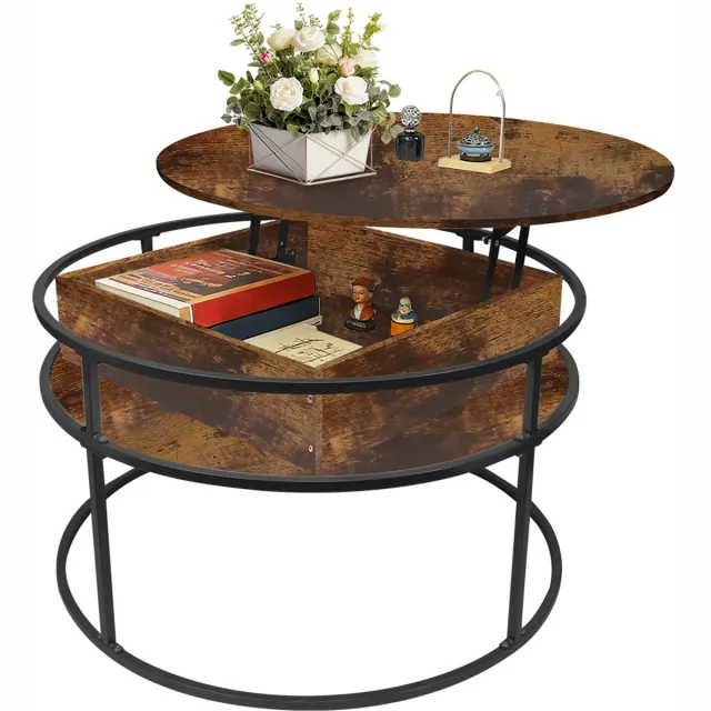 PIPIPOXER Salontafel –Salontafel in hoogte verstelbaar - woonkamertafel met hefplaat - Salontafel rond - Table basse de salon - Kleine Tafel - Salontafels - Diameter 60 x 60 cm - bruin
