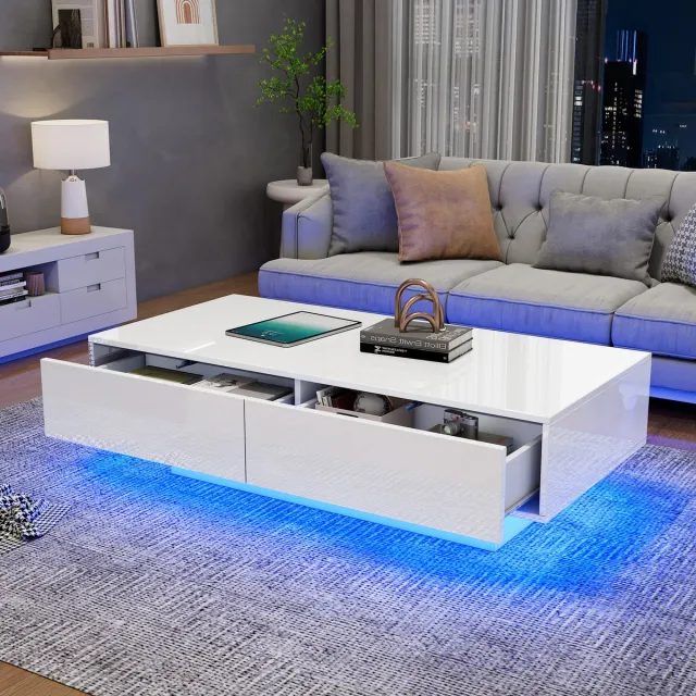 Wishdor Hoogglans salontafel 115×55×34 cm – wit met integreerde LED, 2 lades, modern design en 30 kg draagvermogen