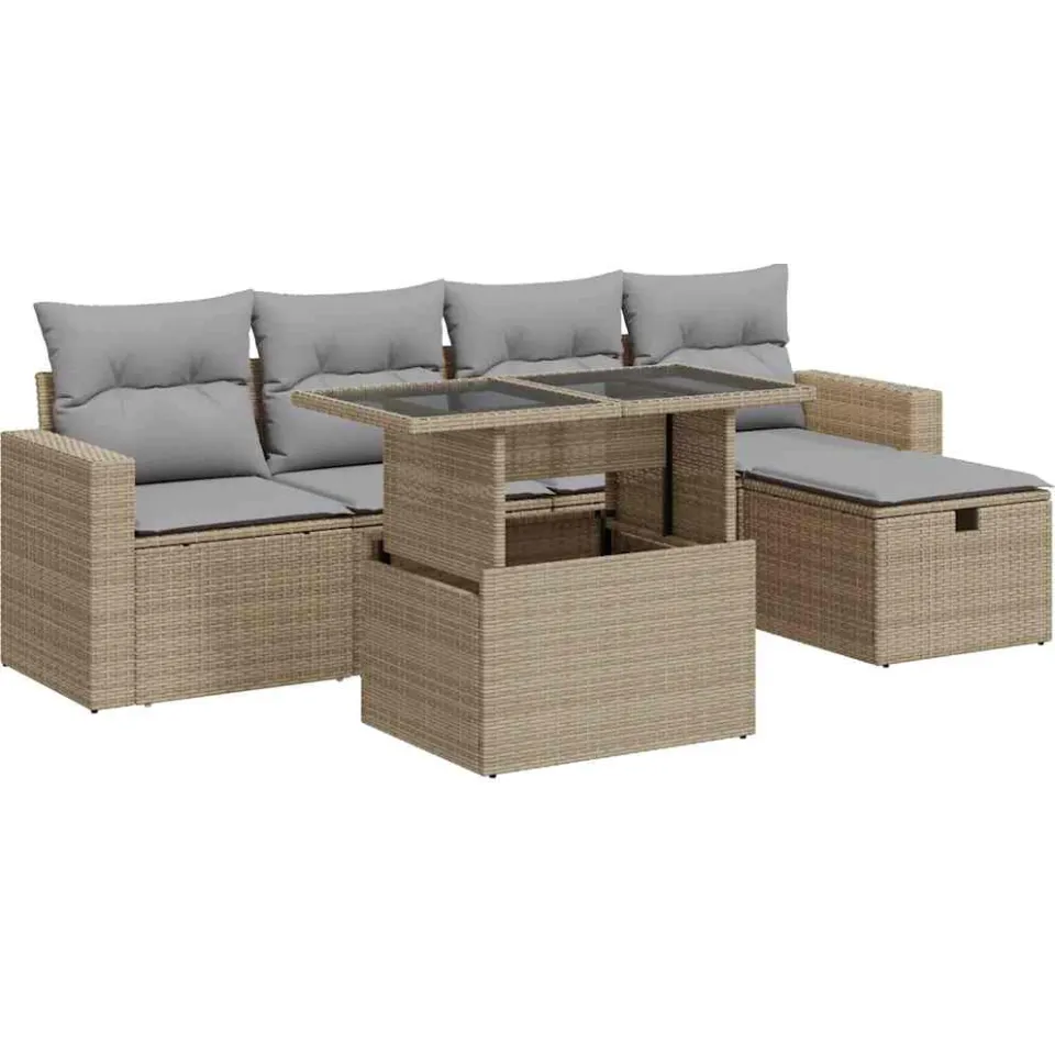 vidaXL 6-delige Loungeset met kussens poly rattan beige, foto 3