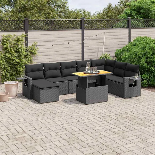 vidaXL 9-delige Loungeset met kussens poly rattan zwart, foto 2