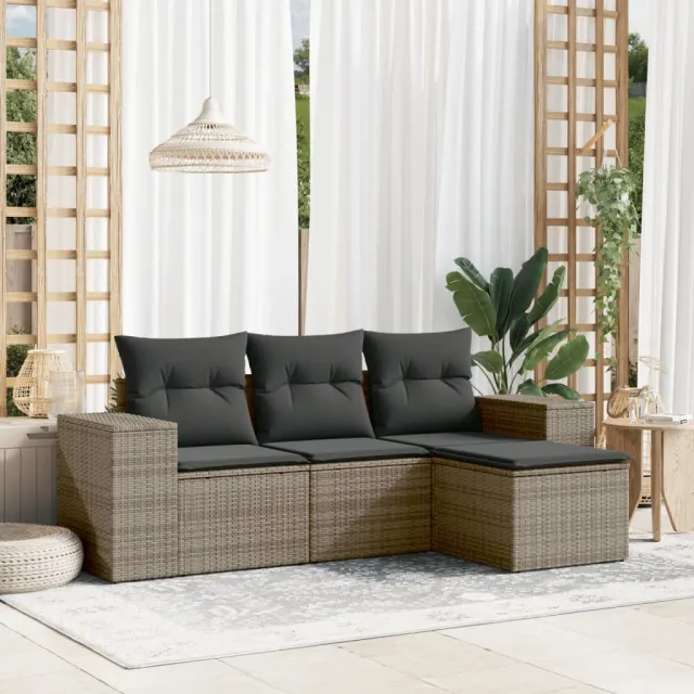 vidaXL 4-delige Loungeset met kussens poly rattan grijs, foto 2