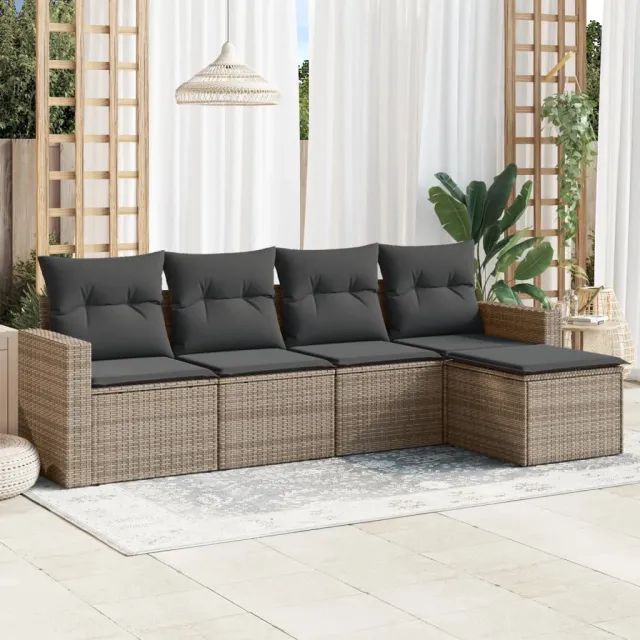 vidaXL 5-delige Loungeset met kussens poly rattan grijs, foto 2