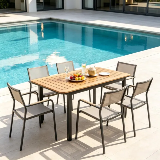REDOM Tuintafel - Rechthoekige vorm - WPC tafelblad met metalen frame - Voor 6 personen - Tuin en terras - Kunststof, metaal en hout - Bruin - 127 x 70 x 75 cm