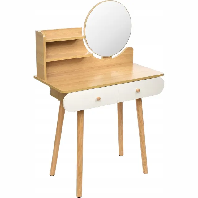 Viking Choice Houten kaptafel met ronde spiegel en lades - 122x80x40 cm wit