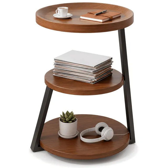 Mura Logistiek Mura Salontafel - Nachtkastje - Koffie Tafel - Bijzettafel - Plantentafel - Ronde Tafel - 3 Lagen - Hout - Metaal - Bruin+Zwart Bruin/Zwart