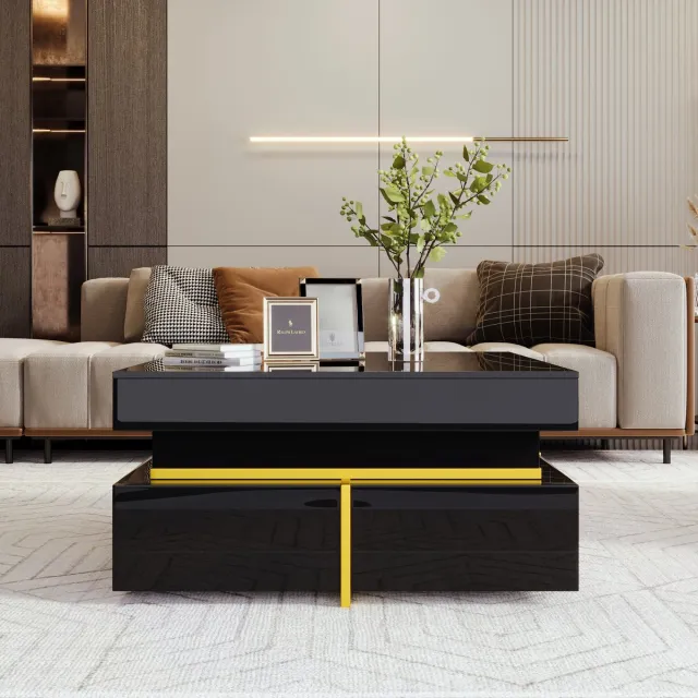 MODFU Salontafel hoogglans wit met lades en gouden accenten, moderne woonkamer tafel Zwart