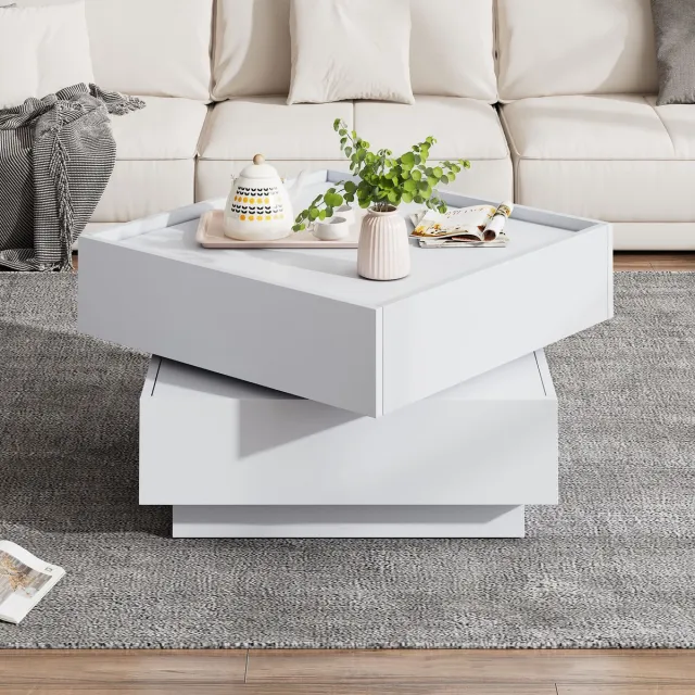 OKWISH Salontafels - Salontafel Met Lade En Draaibare Bovenkant - 2 Etages Opbergruimte - 60x60x38 cm - Spaanplaat - Wit