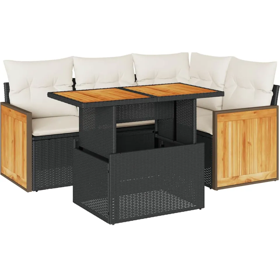 vidaXL 5-delige Loungeset met kussens poly rattan acacia zwart, foto 3