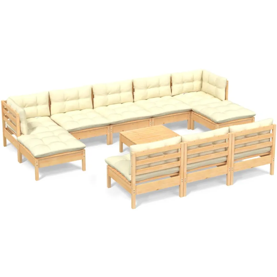 vidaXL 11-delige Loungeset met crèmekleurige kussens grenenhout