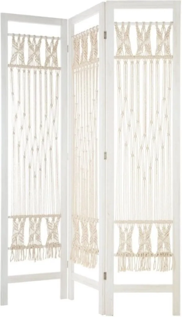 Silumen Wit hout en macrame scherm 170 cm - Coton|Polyester|Paulownia - Wit - SILUMEN