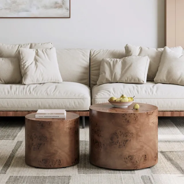 OKWISH Salontafel Set Van 2 - Ronde Tafels Met Inschuifbaar Ontwerp - Voor Woonkamer Slaapkamer Of Kantoor - Houtlook Donkerbruin - 48 cm