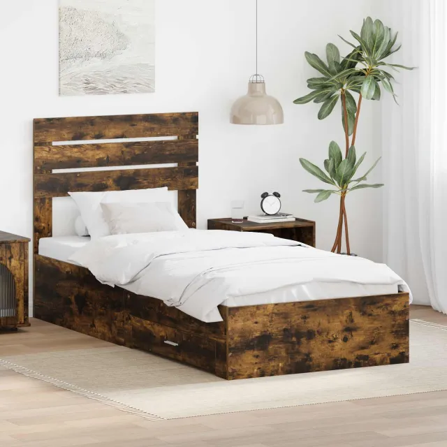 vidaXL Bedframe met lade Gerookt eiken 90 x 190 cm Bewerkt hout Bruin