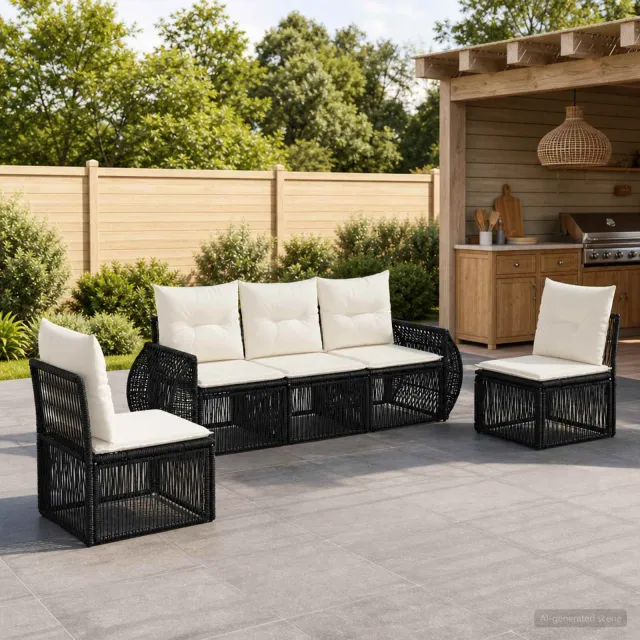 vidaXL Tuinbankenset 5 st 5-zits Zwart en Cream Wit poly rattan, foto 2