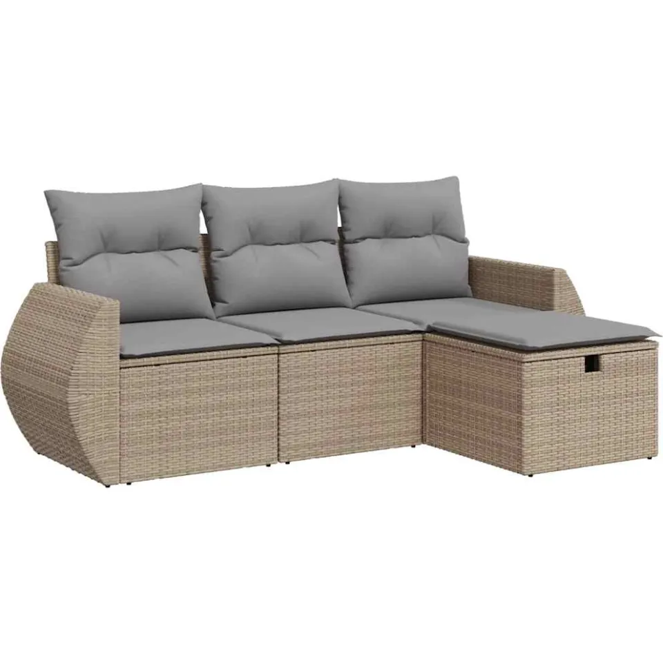 vidaXL 4-delige Loungeset met kussens poly rattan beige, foto 3