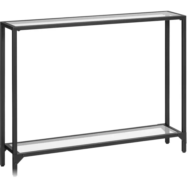 Lilac & Lily Zwarte Consoletafel - Smalle bijzettafel met glazen planken - Halmeubel met stalen frame - Sidetable - 100x80x22 cm