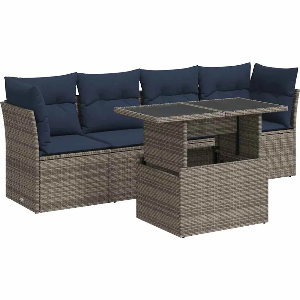 vidaXL 5-delige Loungeset met kussens poly rattan acacia grijs, foto 3