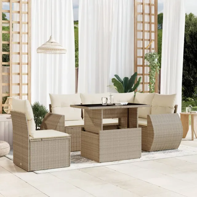 vidaXL 6-delige Loungeset met kussens poly rattan beige, foto 2