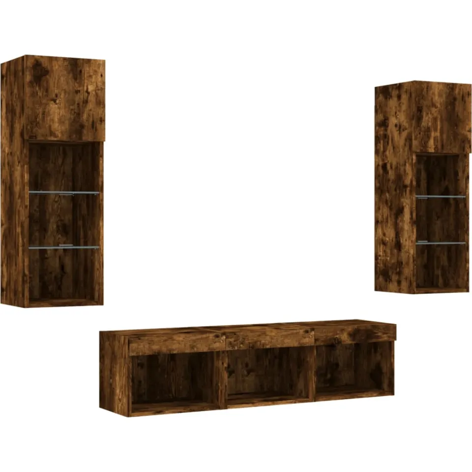 vidaXL 5-delige tv-wandmeubelset met LED bewerkt hout gerookt eiken Bruin