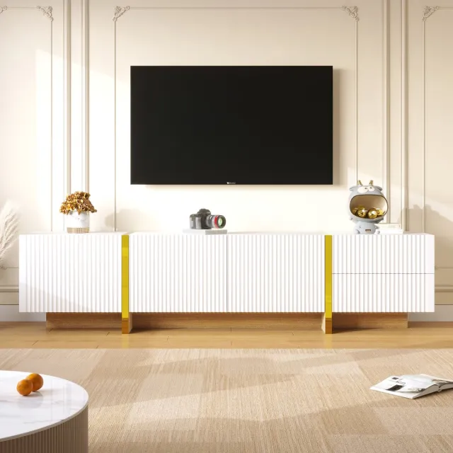 MODFU TV-meubel 190x35x45 cm van MDF en spaanplaat, met 2 laden en 3 deuren, wit met goud en houtnerf, modern ontwerp Goud+Wit