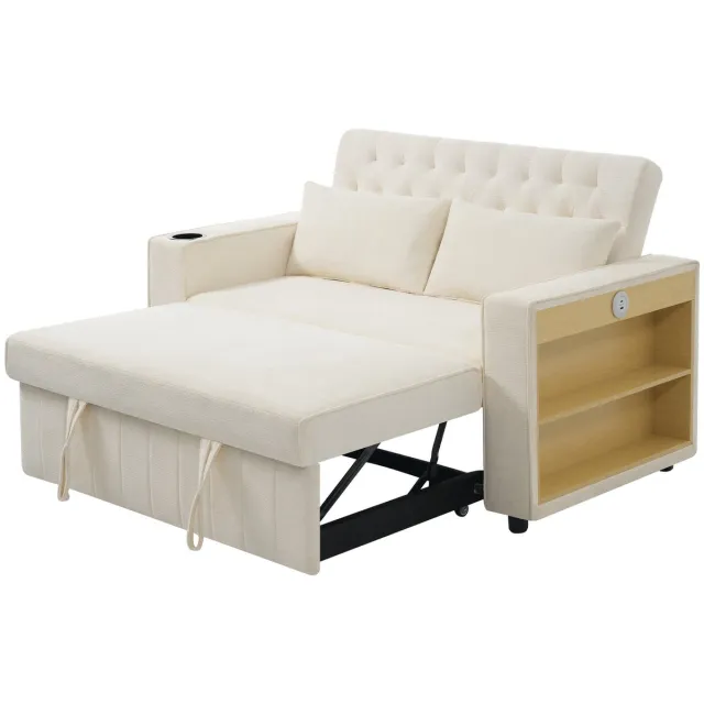 Merax Multifunctionele Slaapbank - Met Opbergruimte - Met Bekerhouder - Met Laadaansluiting - Met Boekenvak - 2-Zits - Chenille Bekleding - Beige