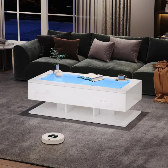 CHICFURN Salontafel - LED-verlichting - 2 lades - Glasplaat - Wit