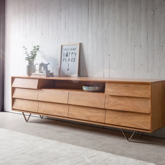 DELIFE Dressoir Eloi Acacia Natuurlijk 240x40 cm 2 Deuren 6 Laden V-Poot RVS Bruin