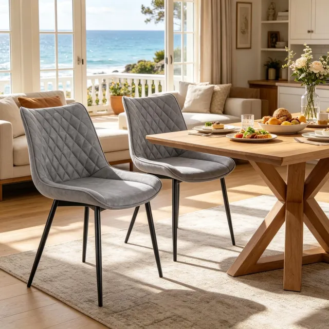 Welltin Eetkamerstoel - Set van 2 - Gestoffeerde Stoel - Moderne Stoel - Woonkamerstoel - Bureaustoel - Comfortabele Zitstoel - Stijlvolle Interieurstoel - Elegante Stoelen voor Eetkamer, Woonkamer en Kantoor - Lichtgrijs