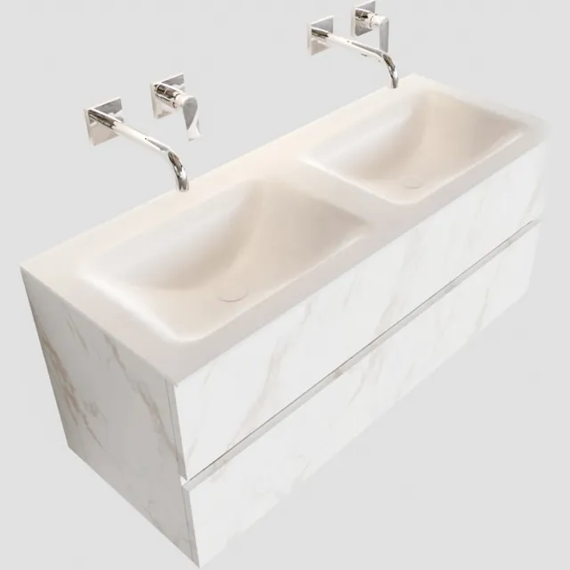 Boss & Wessing Badkamermeubel BWS Valencia Carrara Mat 120 cm Solid Surface Wastafel Dubbel (0 kraangaten, 2 lades)