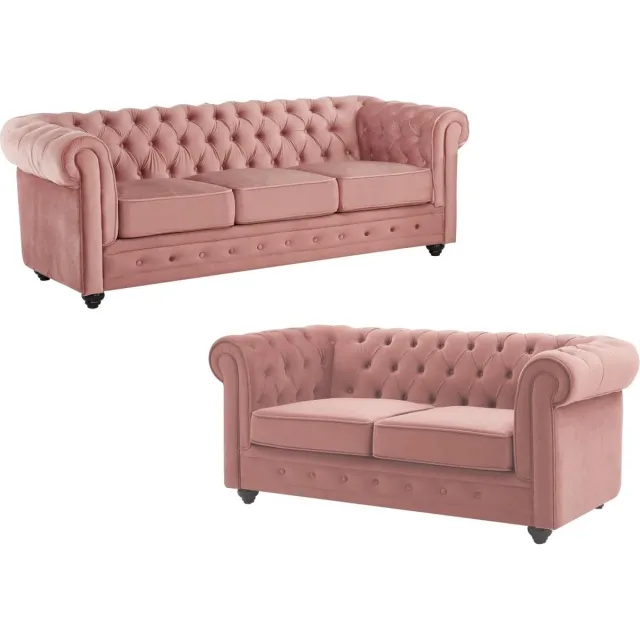 Vente-unique Drie- en tweezitsbank van pastelroze velours CHESTERFIELD Poederroze