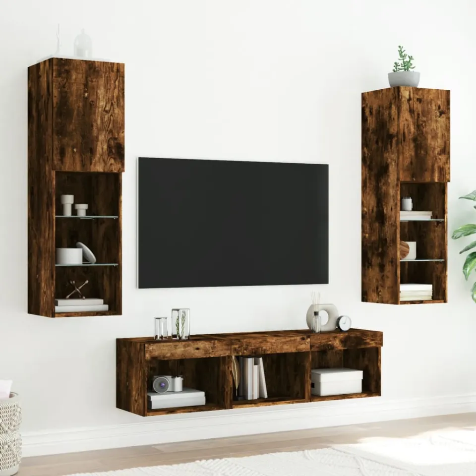 vidaXL 5-delige tv-wandmeubelset met LED bewerkt hout gerookt eiken, foto 3