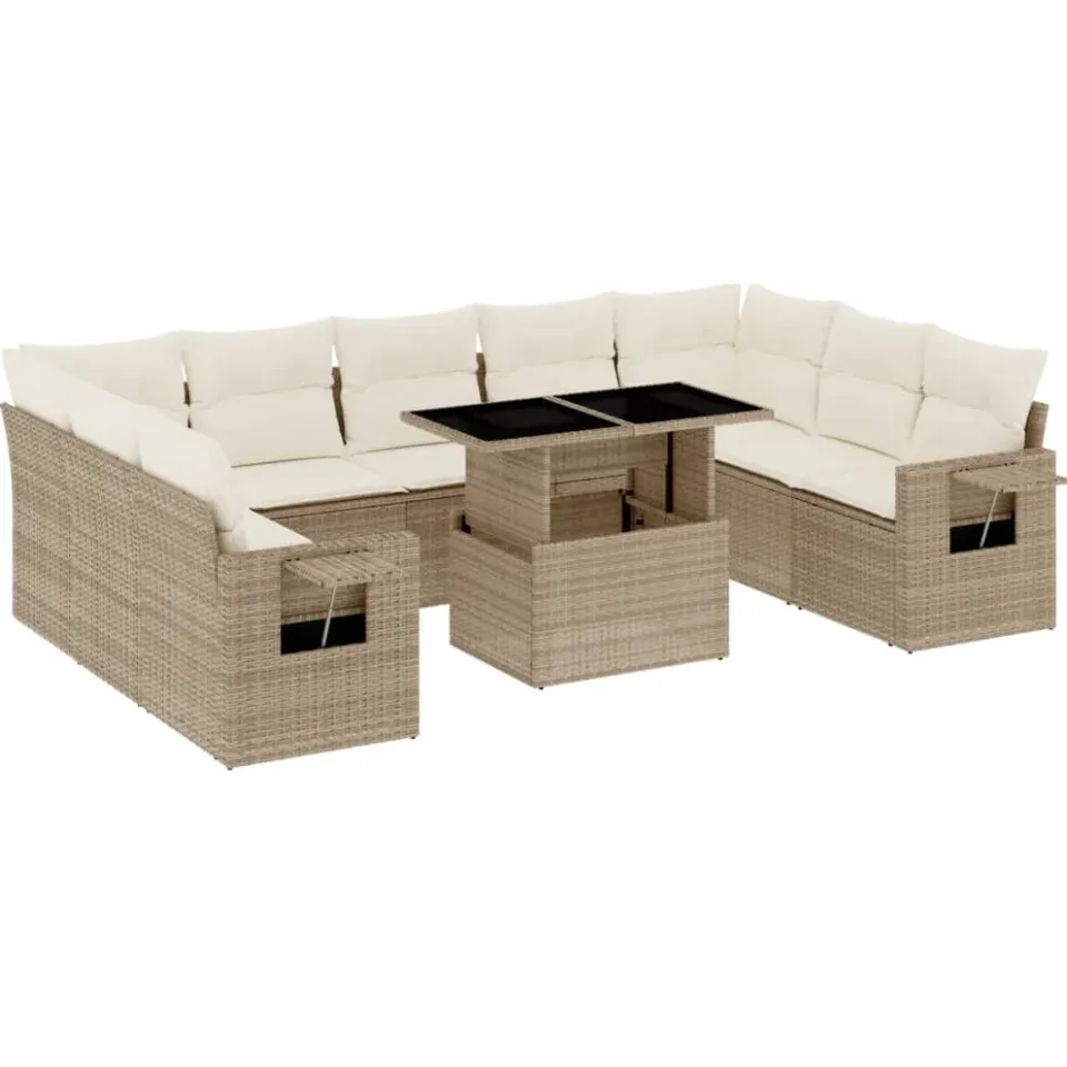 vidaXL 10-delige Loungeset met kussens poly rattan beige, foto 3