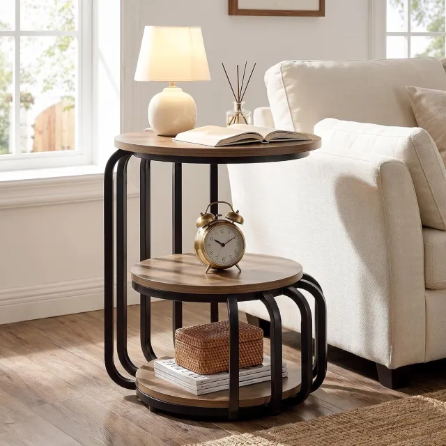Tribesigns ronde Bijzettafel - Sidetable met 3 planken voor Woonkamer- bijzettafel met metalen frame voor Woonkamer, Thuiskantoor - 50×50×60 cm - bruin