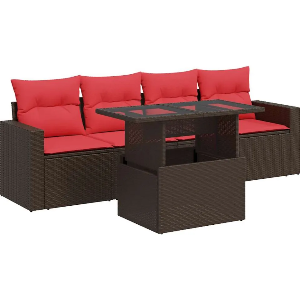 vidaXL 5-delige Loungeset met kussens poly rattan acacia bruin, foto 3