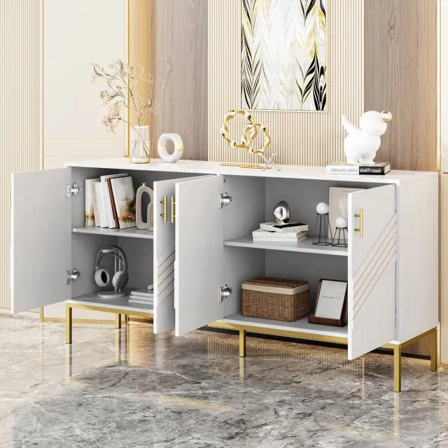 OKWISH Dressoir – Wit+Notenbruin – Modern Geometrisch Deurpatroon – 160×40×80,5 cm – 4 Deuren – Met 2 Verstelbare Legplanken – MDF Met Gouden Metalen Handgrepen En Poten – Compact Opslagmeubel