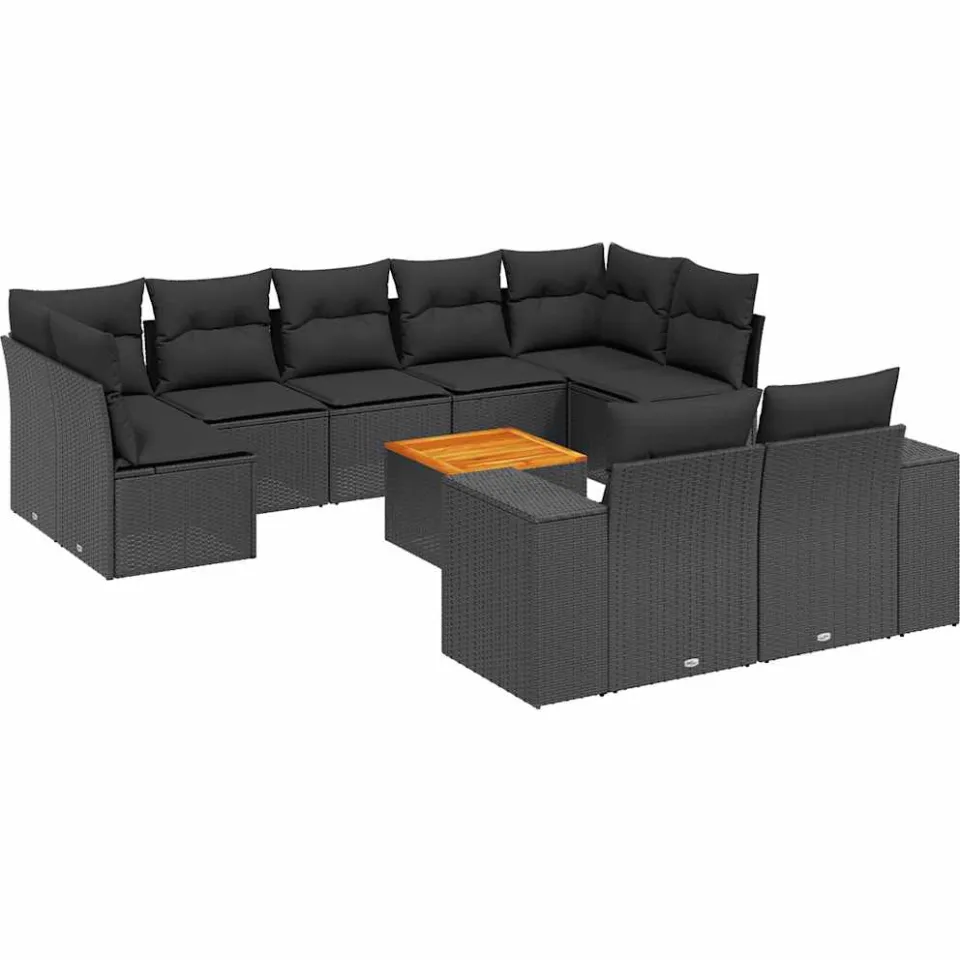 vidaXL 10-delige Loungeset met kussens poly rattan zwart, foto 3