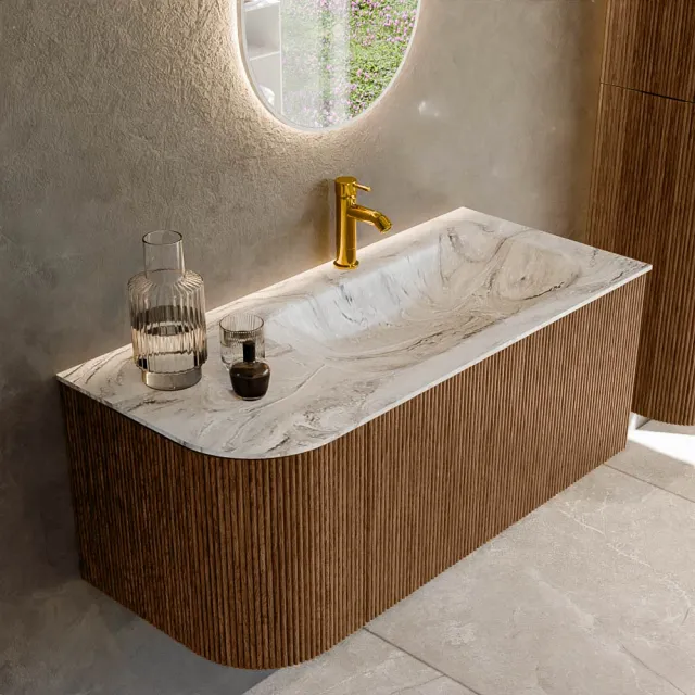 Mondiaz KURVE-DLUX 105 cm Onderkast Greeploos 1 Lade Met Deuren Walnut, Wastafel Solid Surface Rechts Glace 1 Kraangat Zonder Spiegel (KRVBGS105L1L1D1KR-Wal/Gla)