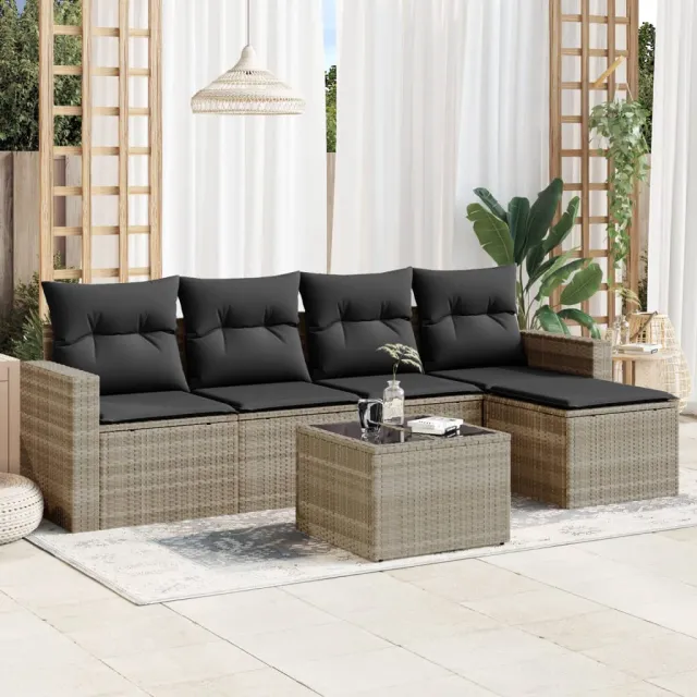 vidaXL 6-delige Loungeset met kussens poly rattan lichtgrijs grijs, foto 2