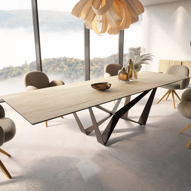 DELIFE Eetkamertafel Edge keramiek Laminam® Sabbia eiken kleur 300x100 spider vlak staal zwart Eichefarbig